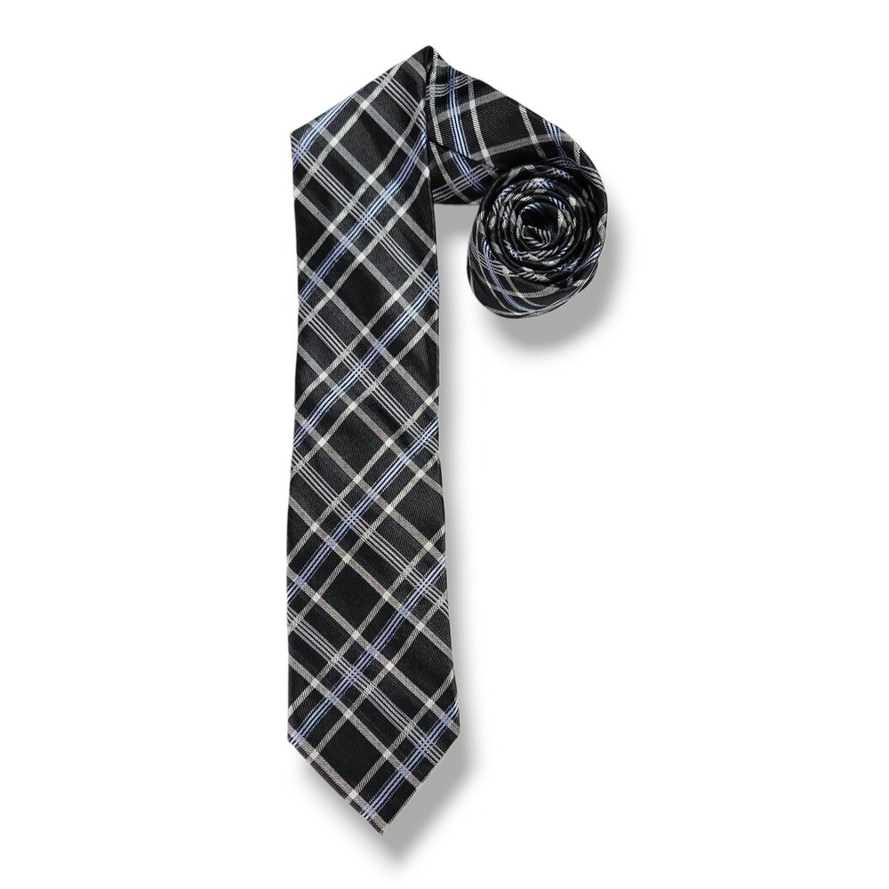 Chaps Silk Necktie Plaid Check Black Gray Blue Silver Classic Business OS